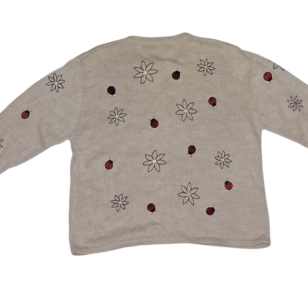 EUC Christopher and Banks Sz. M Oatmeal Color Lady Bugs and Flowers Sweater - Picture 2 of 9
